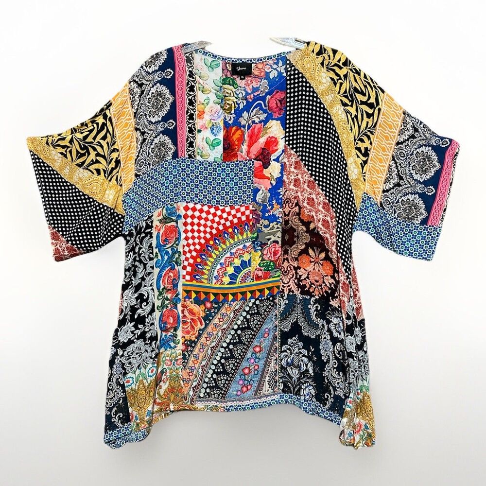 Shana Abstract Tunic Top Mixed Pattern Viscose Silk Women’s XL Art Colorful